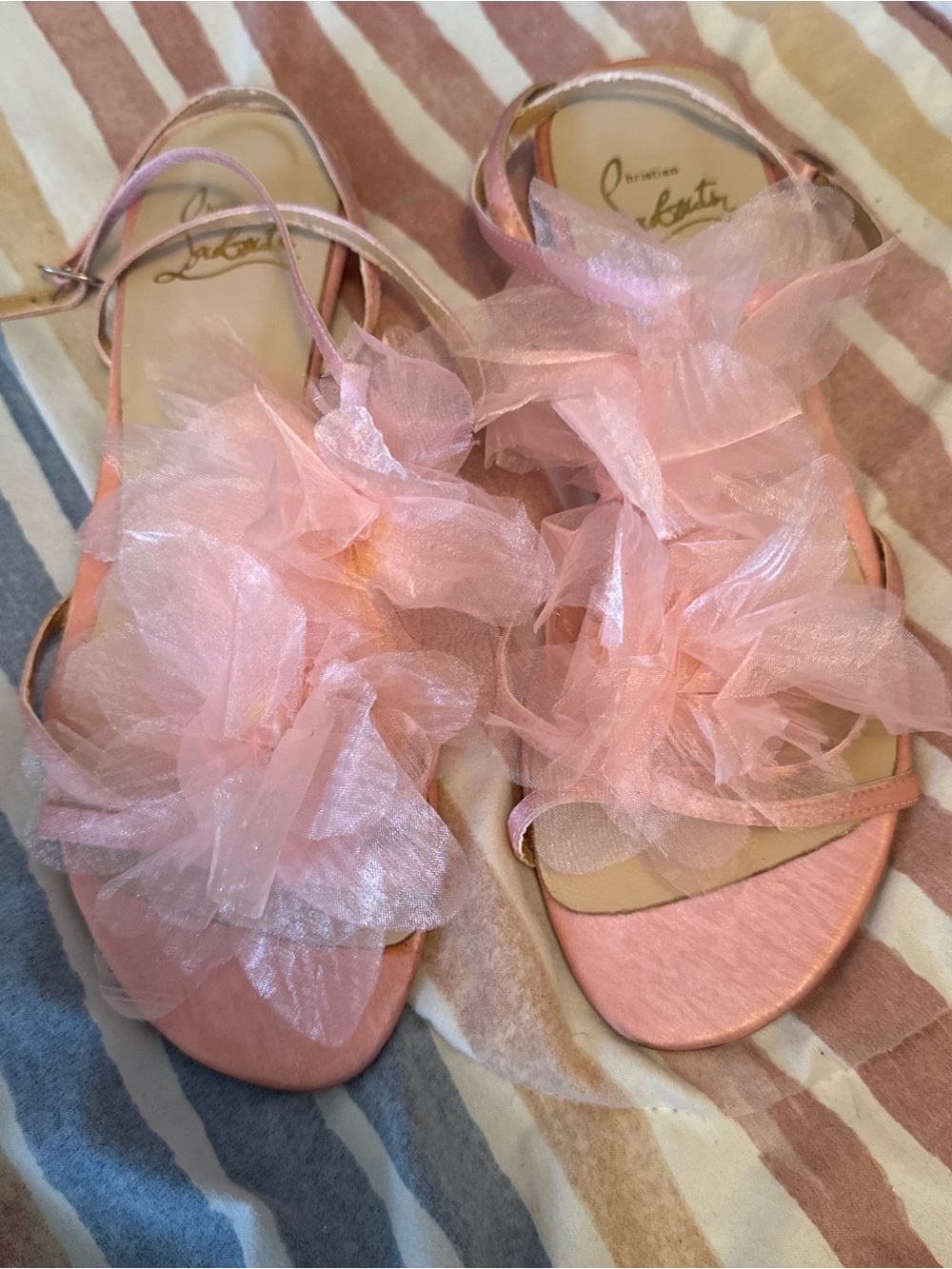 Vintage Christian Louboutin Pink Satin Slide Sandals with Tulle Detail